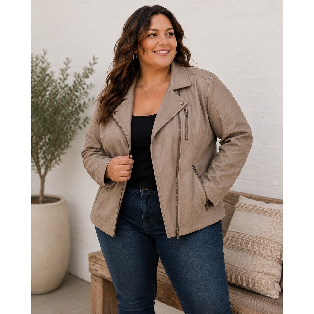 Lucky Brand Leather Linen Jacket Womens 3X Taupe Mixed Media Moto Zip Biker Edgy
